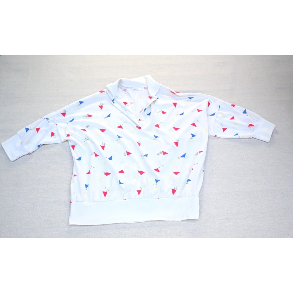 Vintage 80s Donnkenny Womens Shirt White Triangle Print Dolman Sleeve Blouson